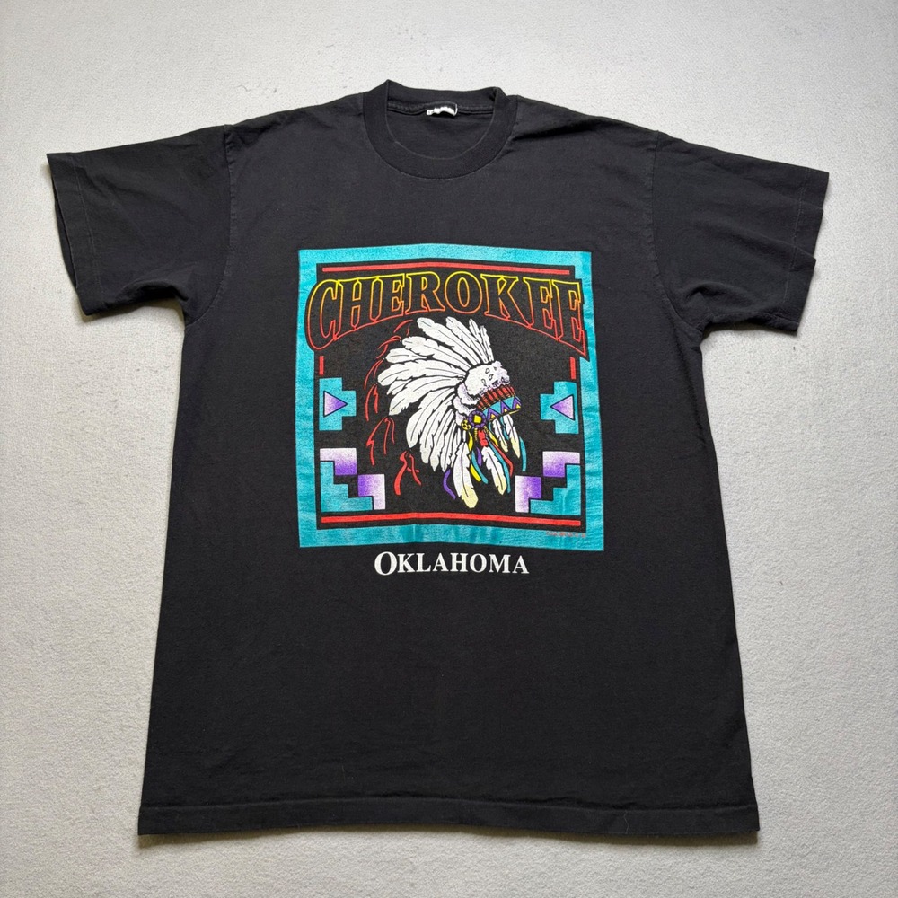 Vintage Cherokee T-Shirt Mens L Black Oklahoma 1991 Graphic Retro Single Stitch